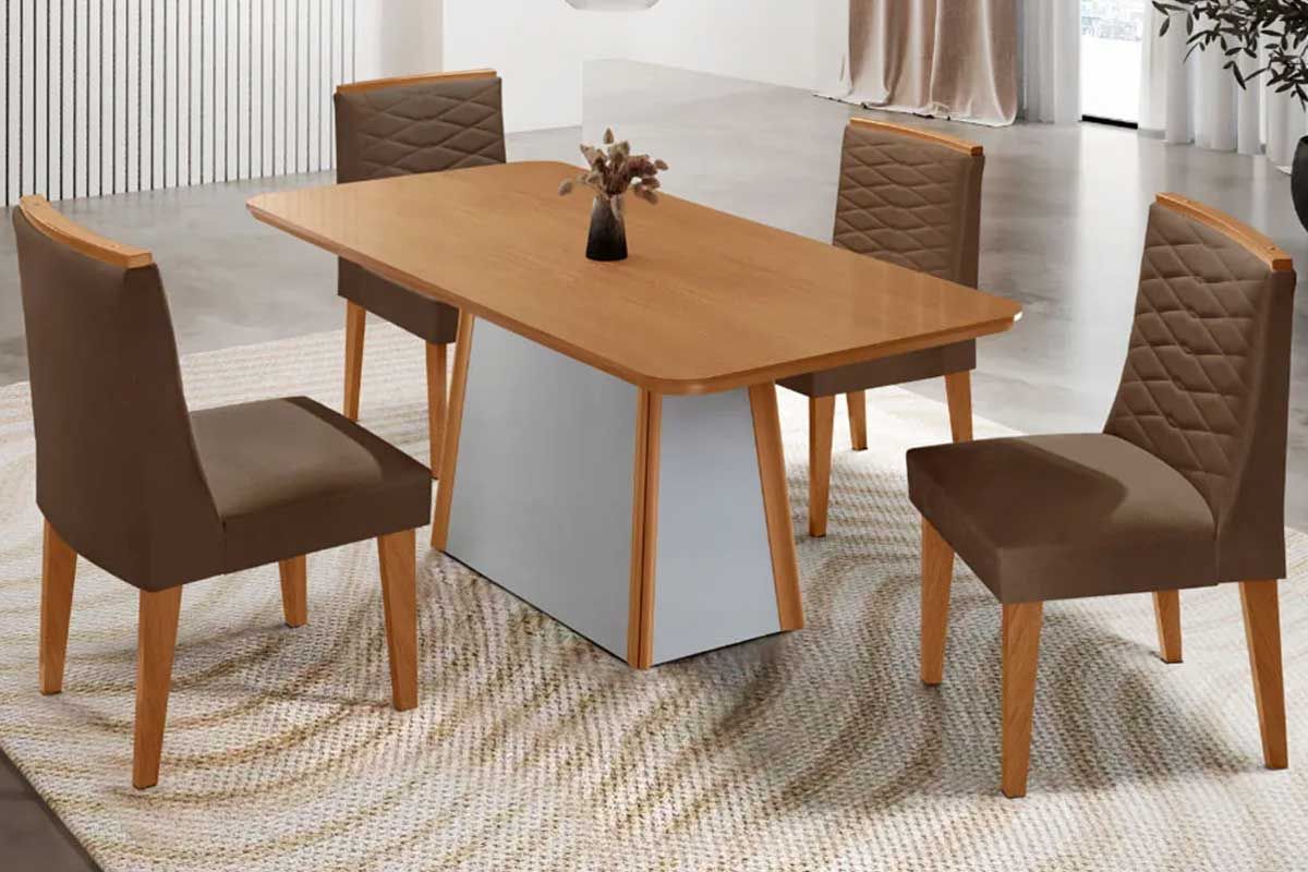 Sala Jantar Mesa Tilia c/ Tampo Madeirado Canto Curvo 120x80cm e 4 Cadeiras Maldivas - Rufato