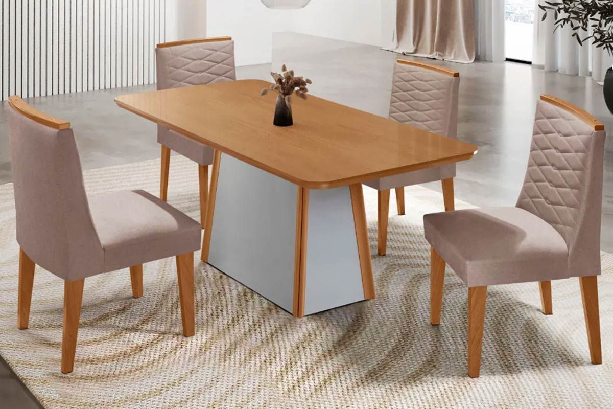 Sala Jantar Mesa Tilia c/ Tampo Madeirado Canto Curvo 120x80cm e 4 Cadeiras Maldivas - Rufato