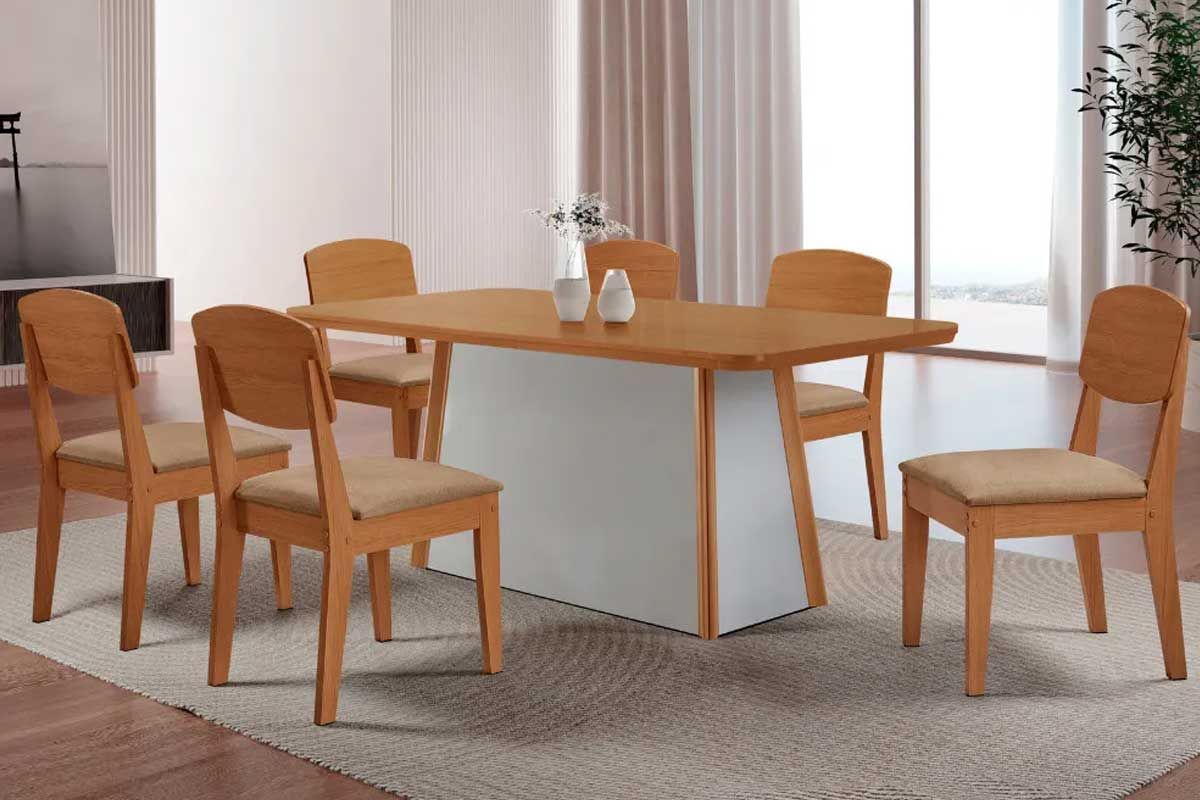 Sala Jantar Mesa Tilia c/ Tampo Madeirado Canto Curvo 180x90cm e 6 Cadeiras Havana - Rufato