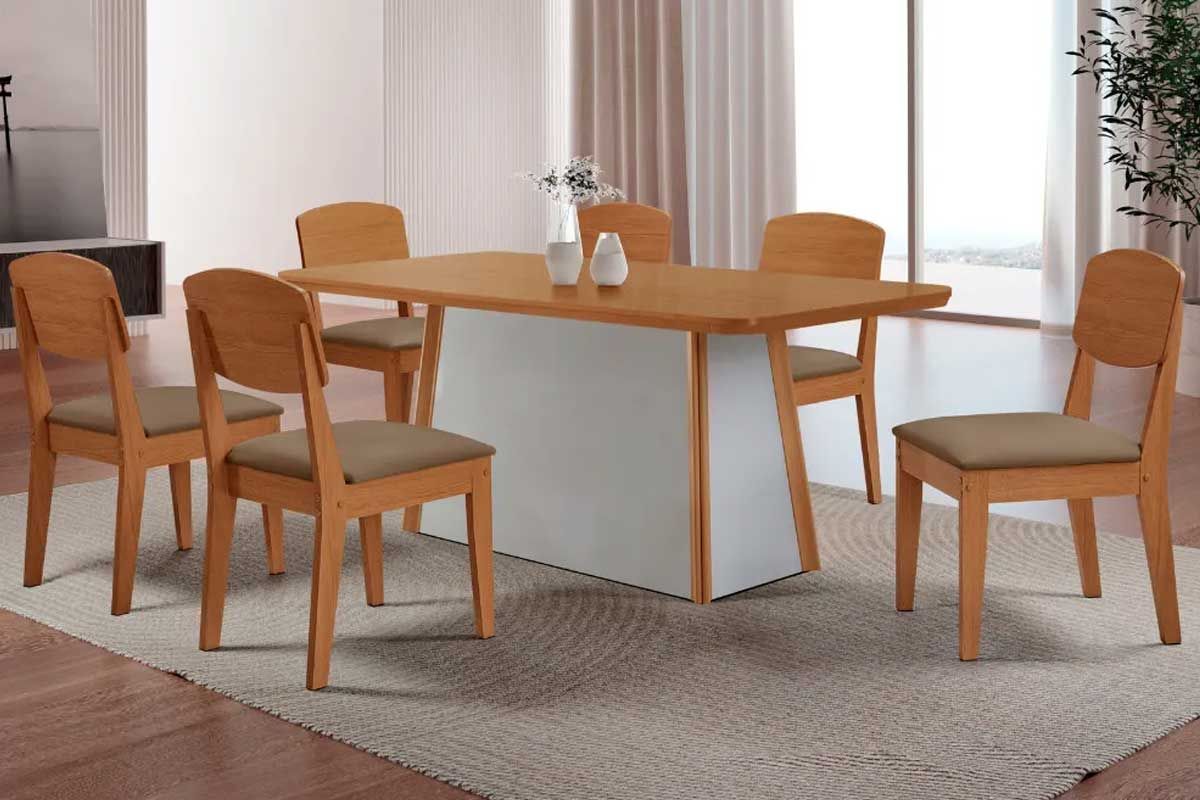 Sala Jantar Mesa Tilia c/ Tampo Madeirado Canto Curvo 180x90cm e 6 Cadeiras Havana - Rufato
