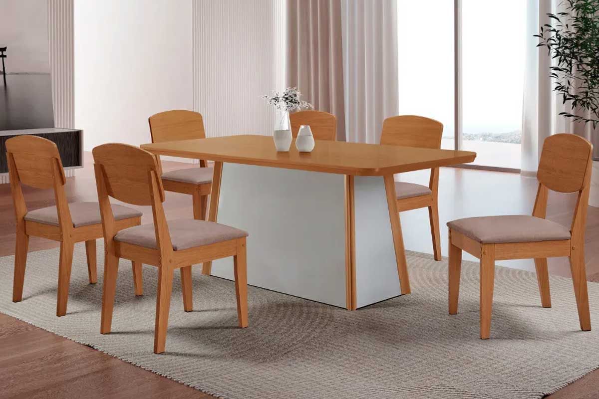 Sala Jantar Mesa Tilia c/ Tampo Madeirado Canto Curvo 180x90cm e 6 Cadeiras Havana - Rufato