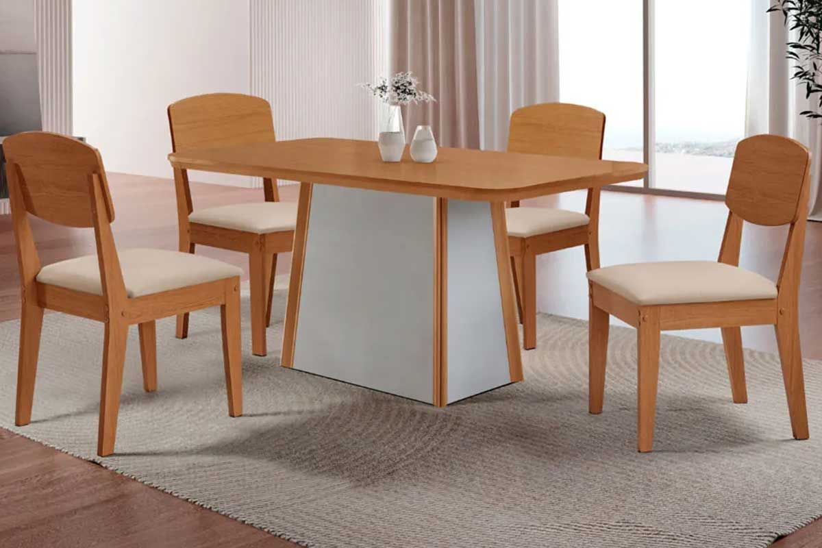 Sala Jantar Mesa Tilia c/ Tampo Madeirado Canto Curvo 120x80cm e 4 Cadeiras Havana - Rufato