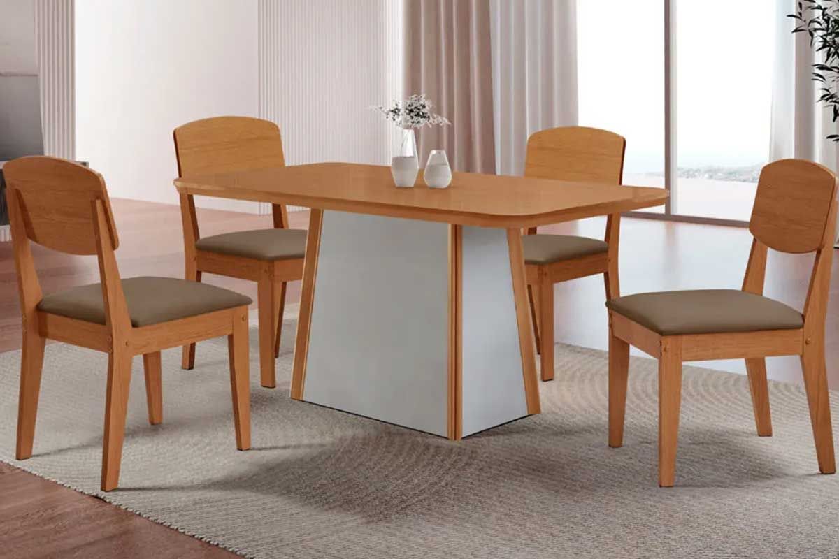 Sala Jantar Mesa Tilia c/ Tampo Madeirado Canto Curvo 120x80cm e 4 Cadeiras Havana - Rufato