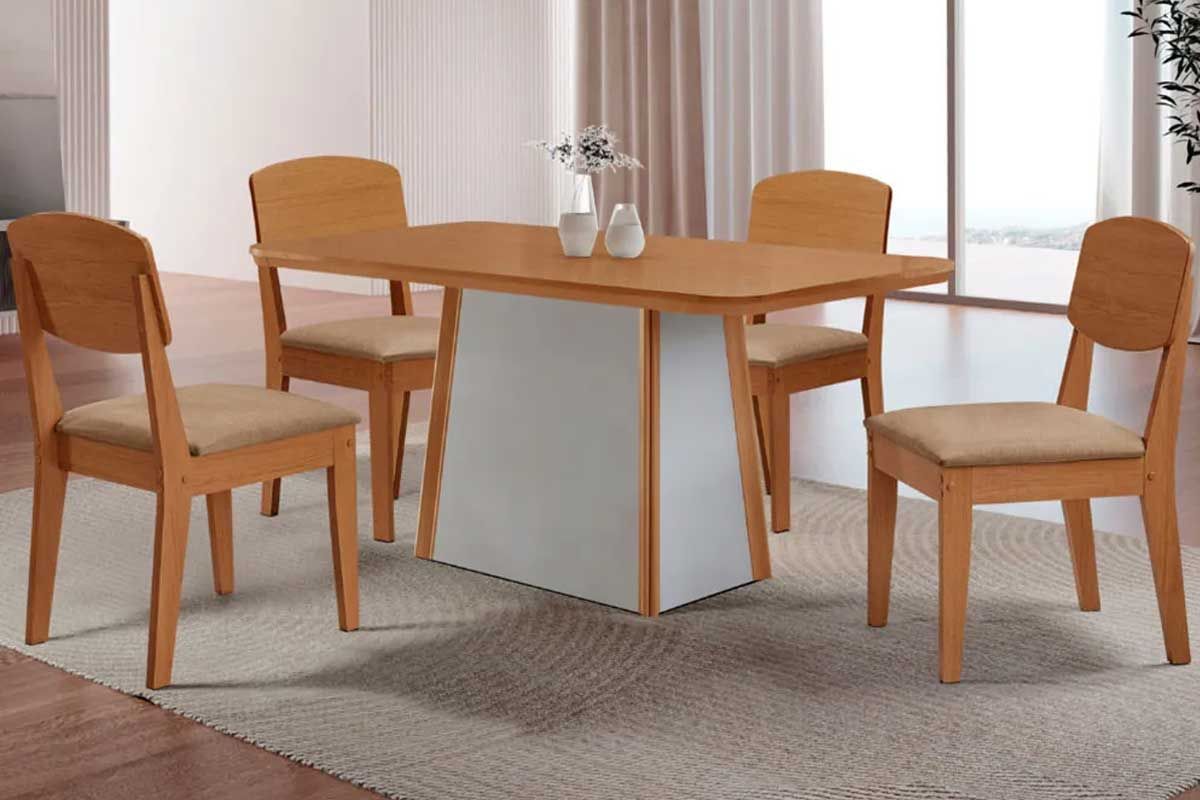 Sala Jantar Mesa Tilia c/ Tampo Madeirado Canto Curvo 120x80cm e 4 Cadeiras Havana - Rufato