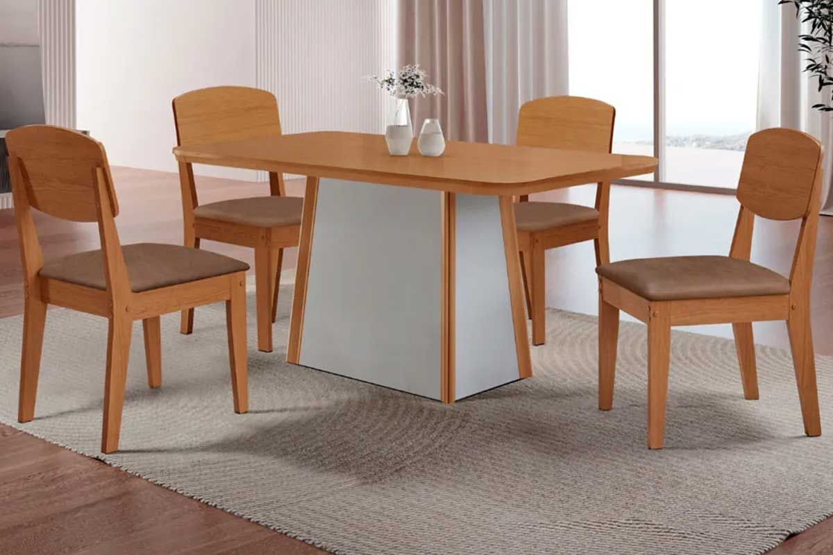 Sala Jantar Mesa Tilia c/ Tampo Madeirado Canto Curvo 120x80cm e 4 Cadeiras Havana - Rufato