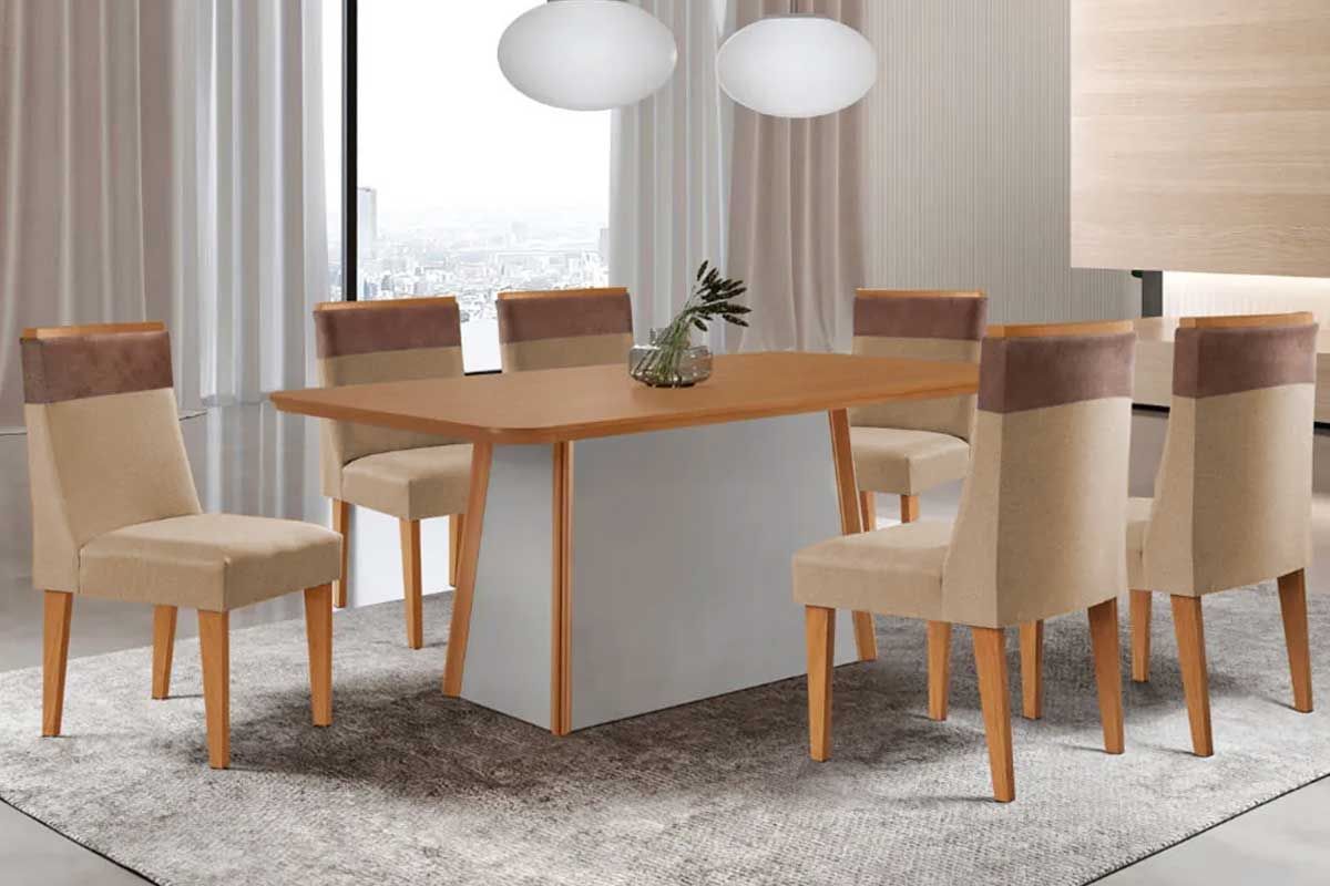 Sala Jantar Mesa Tilia c/ Tampo Madeirado Canto Curvo 180x90cm e 6 Cadeiras Jaspe - Rufato