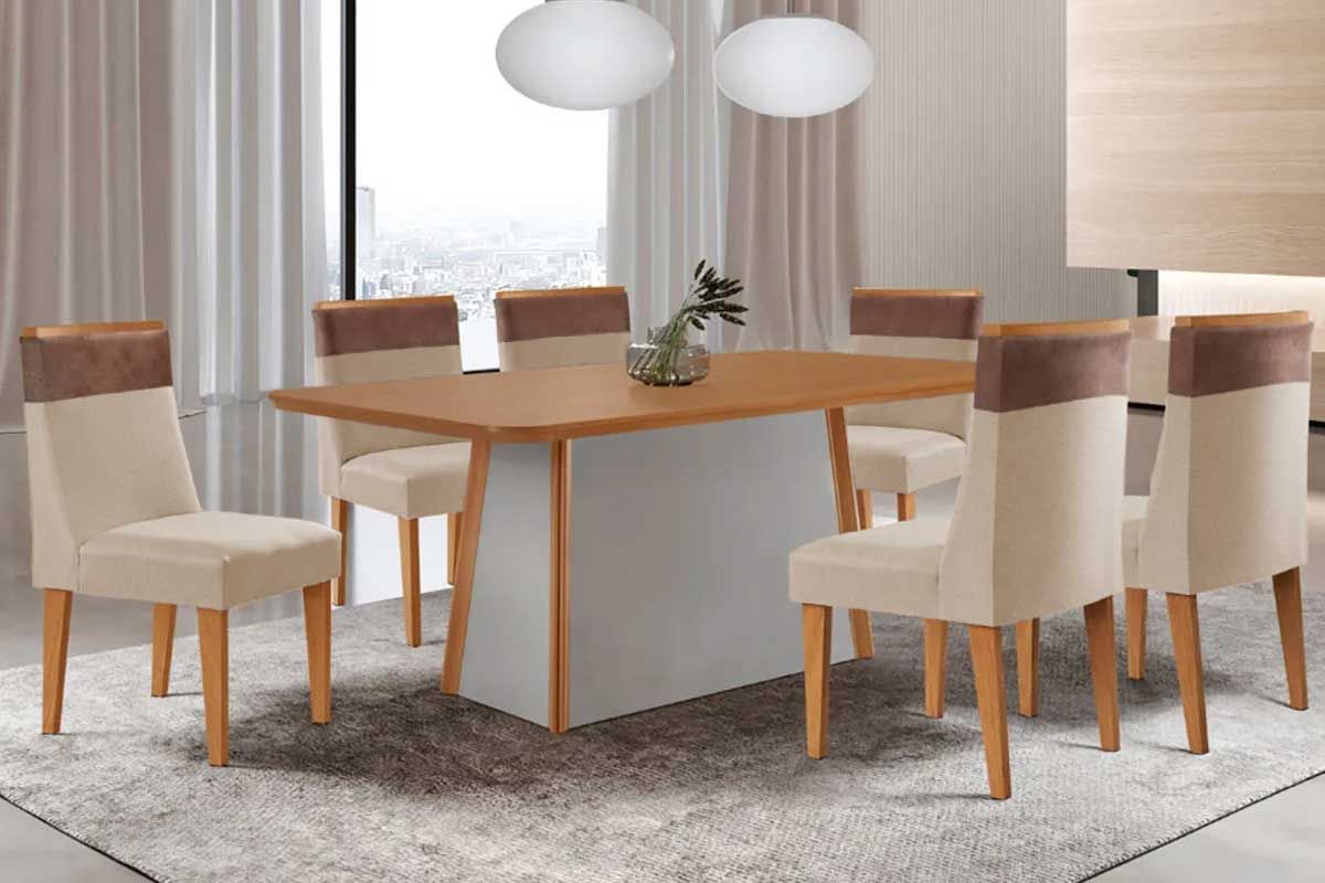 Sala Jantar Mesa Tilia c/ Tampo Madeirado Canto Curvo 180x90cm e 6 Cadeiras Jaspe - Rufato