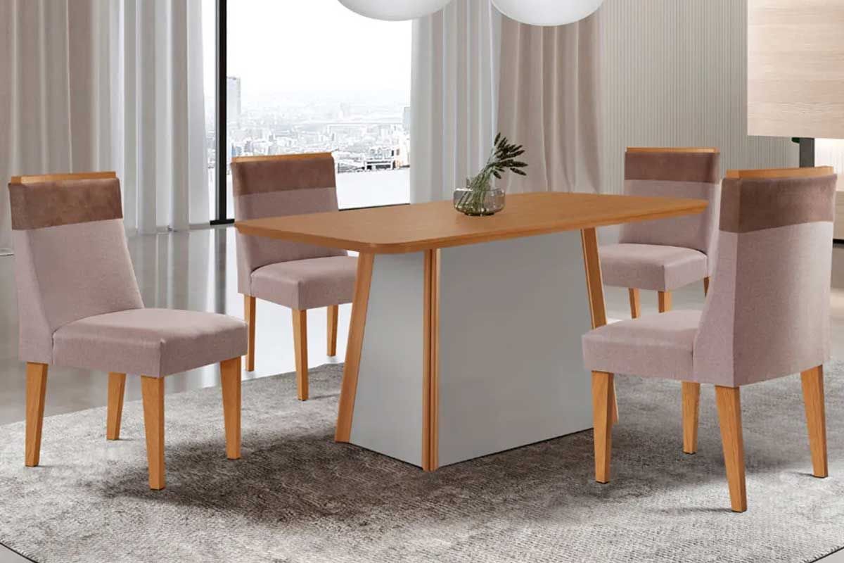 Sala Jantar Mesa Tilia c/ Tampo Madeirado Canto Curvo 120x80cm e 4 Cadeiras Jaspe - Rufato