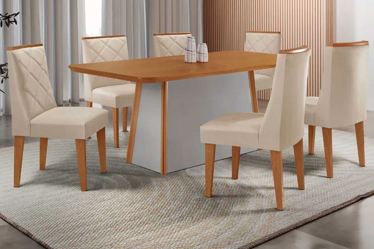 Sala Jantar Mesa Tilia c/ Tampo Madeirado Canto Curvo 180x90cm e 6 Cadeiras Pietá - Rufato