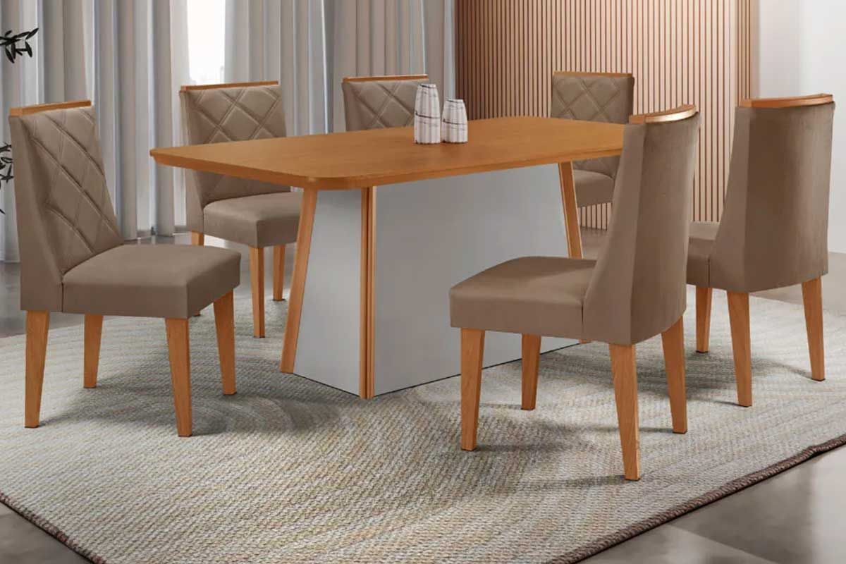 Sala Jantar Mesa Tilia c/ Tampo Madeirado Canto Curvo 180x90cm e 6 Cadeiras Pietá - Rufato