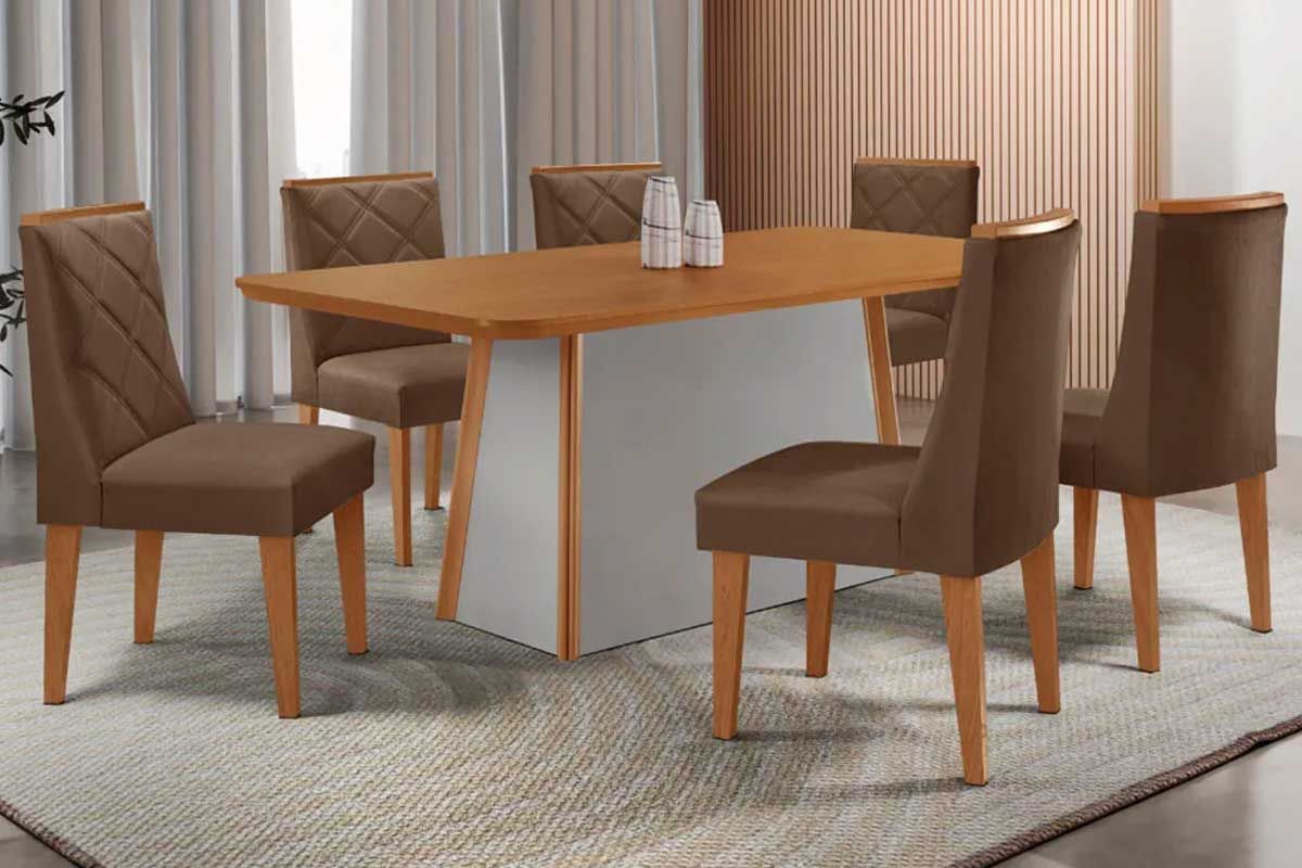 Sala Jantar Mesa Tilia c/ Tampo Madeirado Canto Curvo 180x90cm e 6 Cadeiras Pietá - Rufato