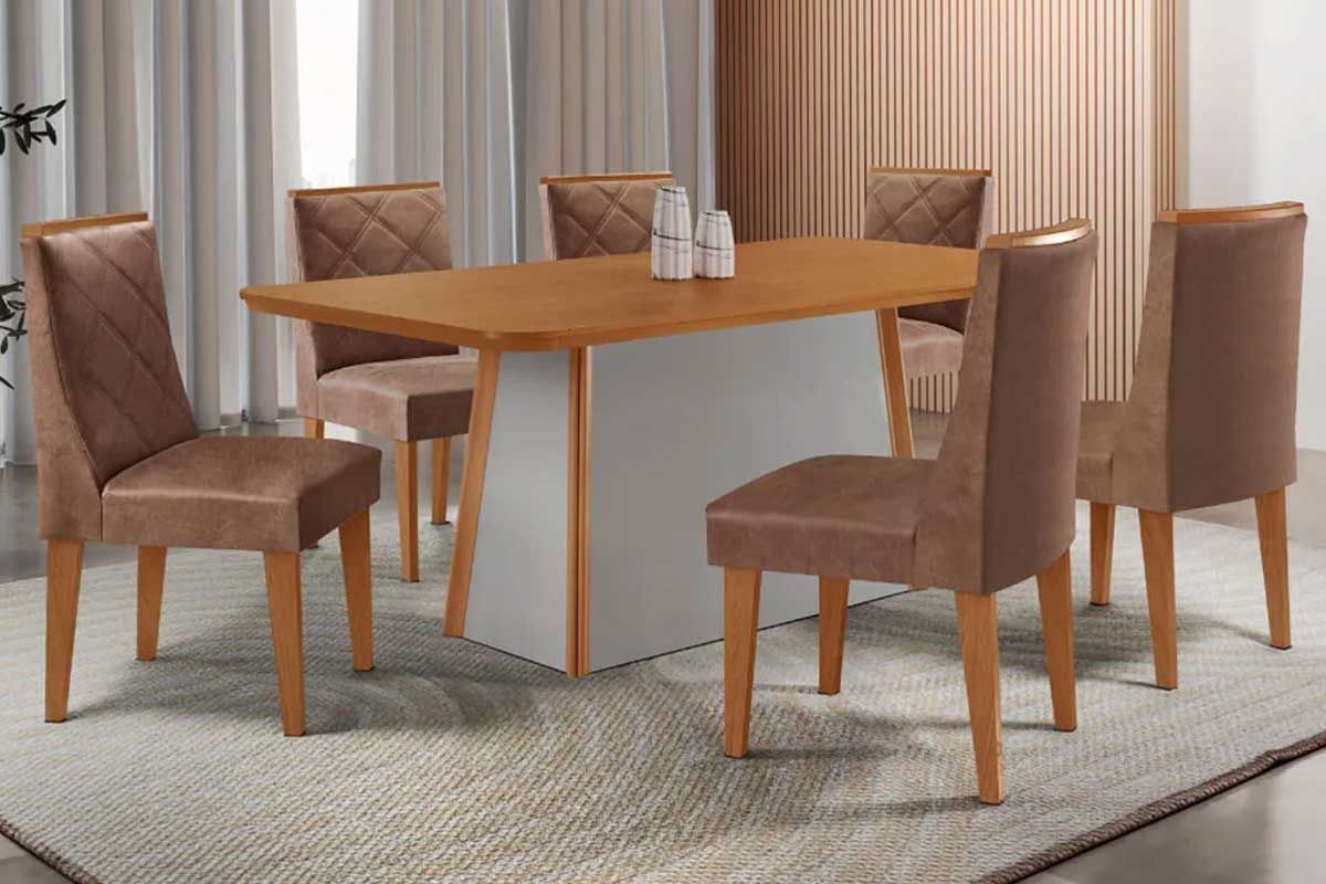 Sala Jantar Mesa Tilia c/ Tampo Madeirado Canto Curvo 180x90cm e 6 Cadeiras Pietá - Rufato