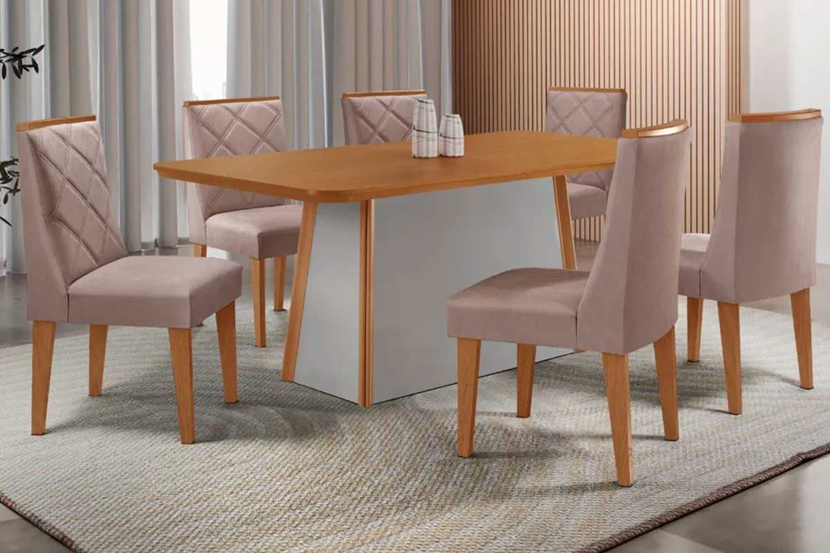 Sala Jantar Mesa Tilia c/ Tampo Madeirado Canto Curvo 180x90cm e 6 Cadeiras Pietá - Rufato