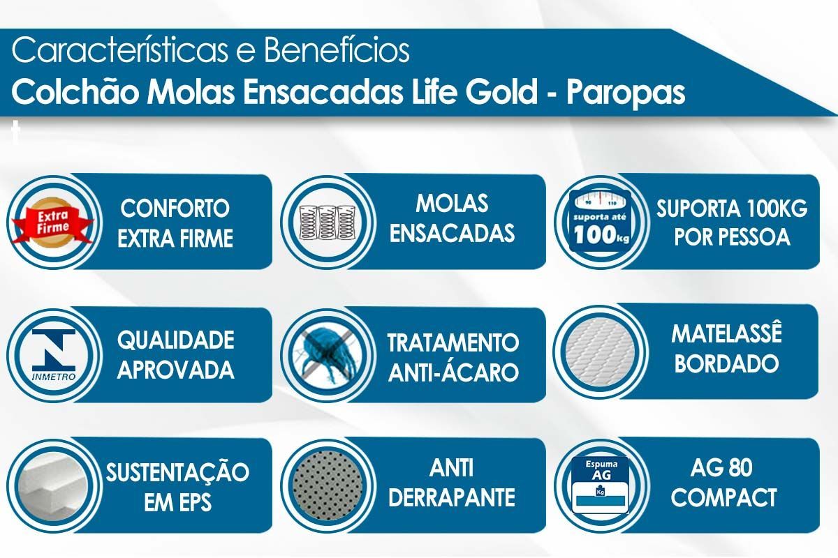 Cama Box Baú CRC +Colchão Molas Life Gold Paropas