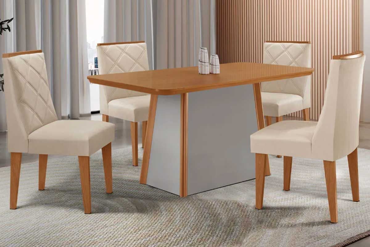 Sala Jantar Mesa Tilia c/ Tampo Madeirado Canto Curvo 120x80cm e 4 Cadeiras Pietá - Rufato