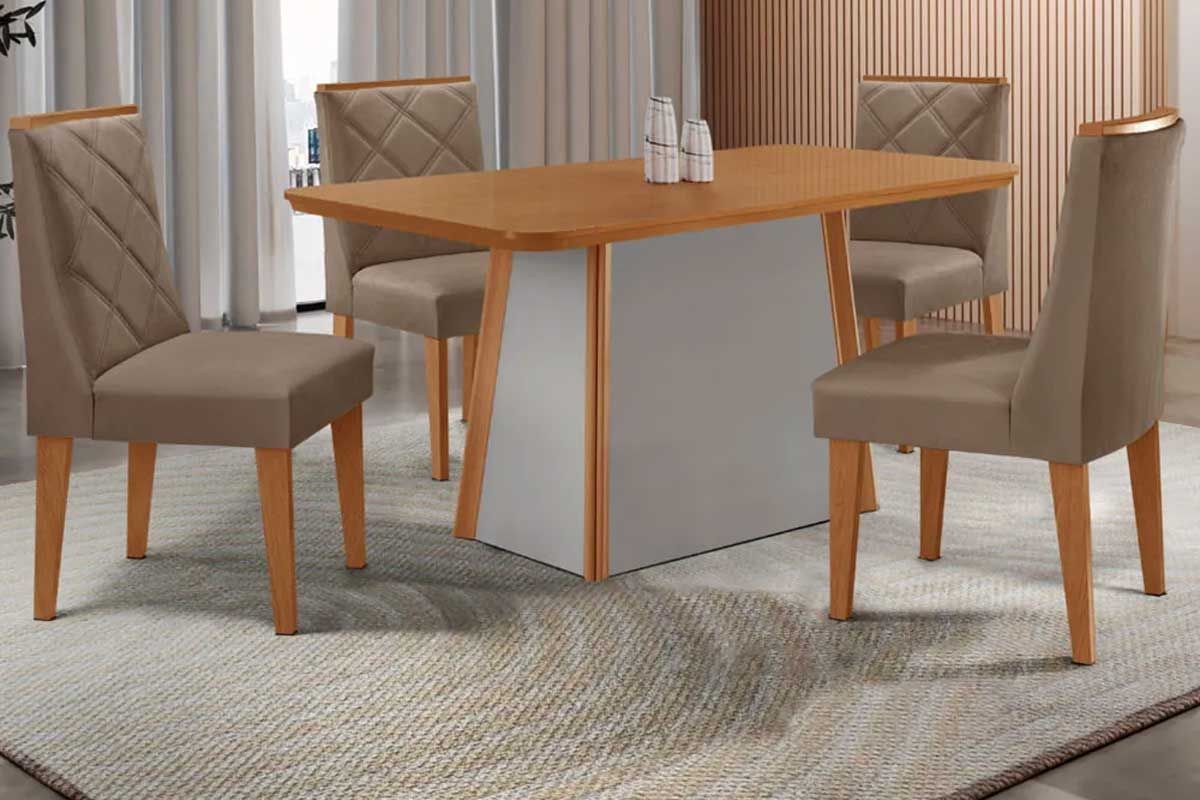 Sala Jantar Mesa Tilia c/ Tampo Madeirado Canto Curvo 120x80cm e 4 Cadeiras Pietá - Rufato