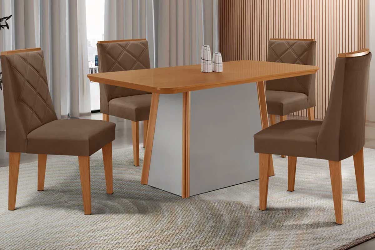 Sala Jantar Mesa Tilia c/ Tampo Madeirado Canto Curvo 120x80cm e 4 Cadeiras Pietá - Rufato