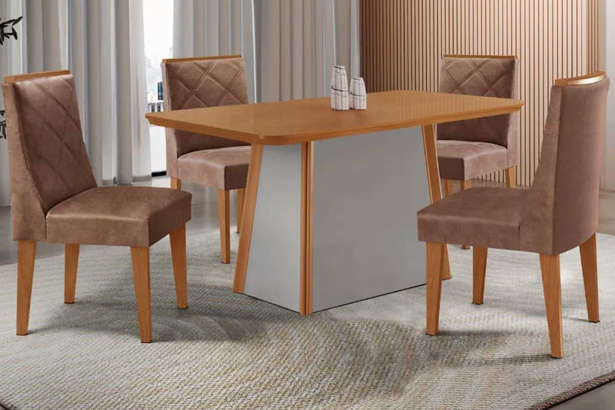 Sala Jantar Mesa Tilia c/ Tampo Madeirado Canto Curvo 120x80cm e 4 Cadeiras Pietá - Rufato