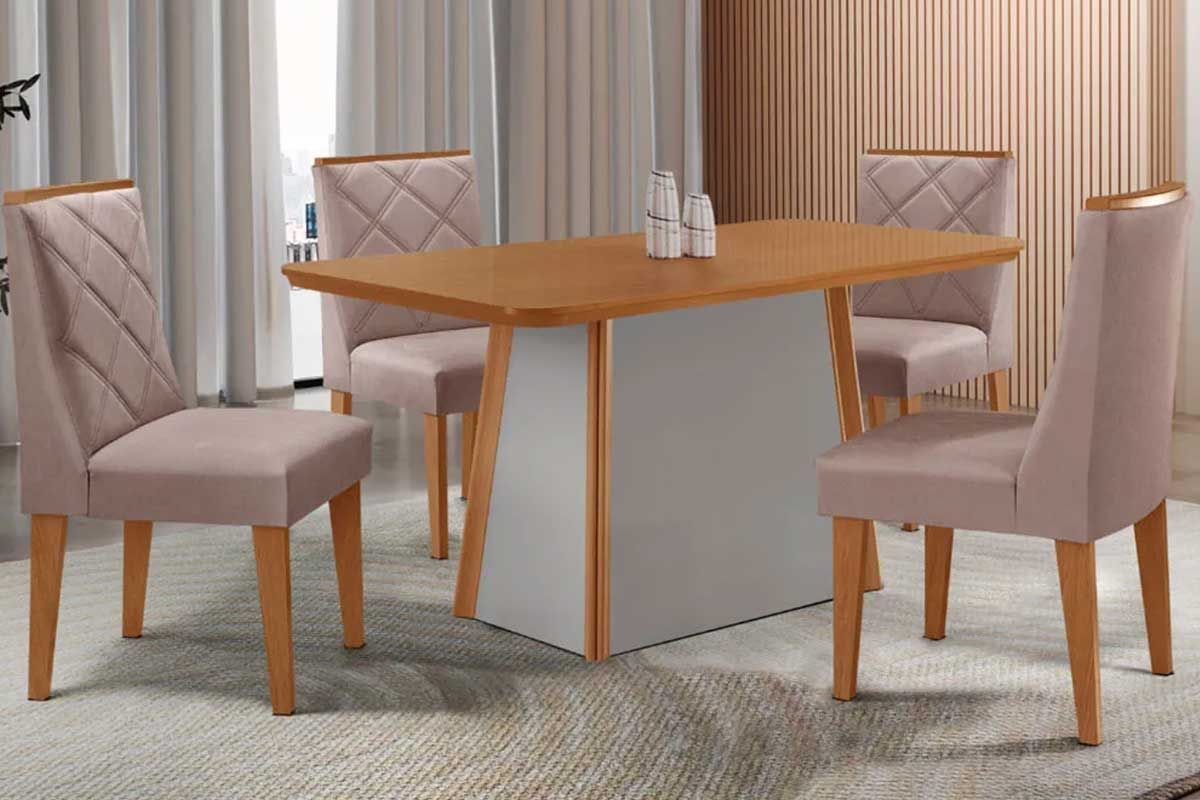 Sala Jantar Mesa Tilia c/ Tampo Madeirado Canto Curvo 120x80cm e 4 Cadeiras Pietá - Rufato
