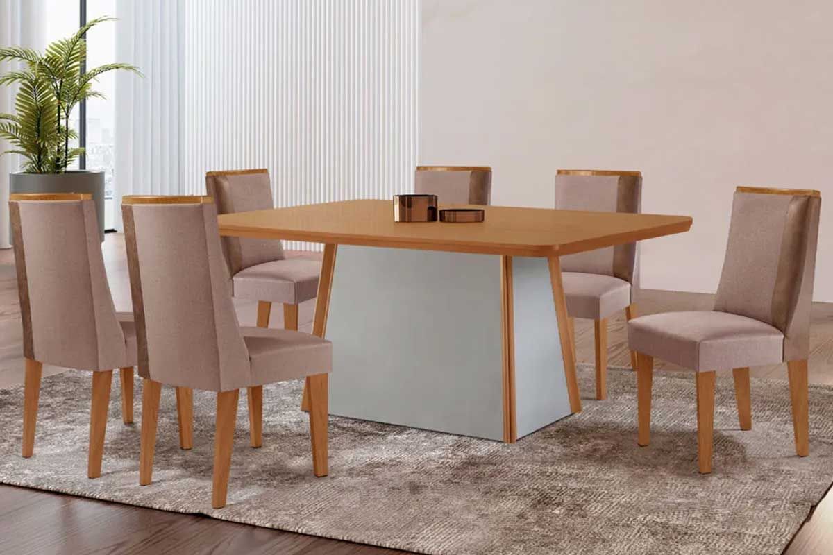 Sala Jantar Mesa Tilia c/ Tampo Madeirado Canto Curvo 180x90cm e 6 Cadeiras Tilia - Rufato