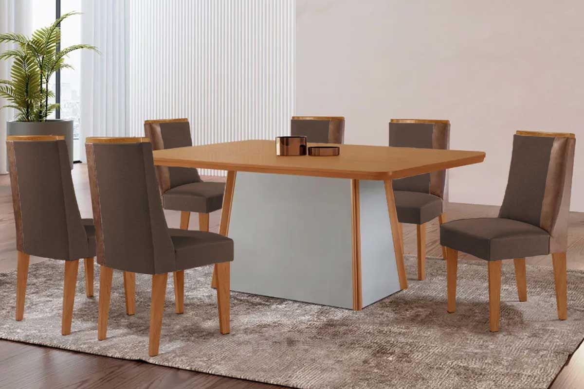 Sala Jantar Mesa Tilia c/ Tampo Madeirado Canto Curvo 180x90cm e 6 Cadeiras Tilia - Rufato