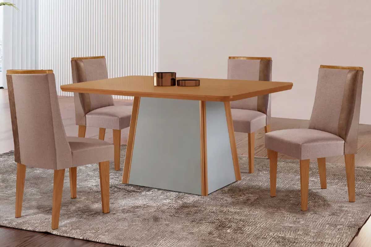 Sala Jantar Mesa Tilia c/ Tampo Madeirado Canto Curvo 120x80cm e 4 Cadeiras Tilia - Rufato