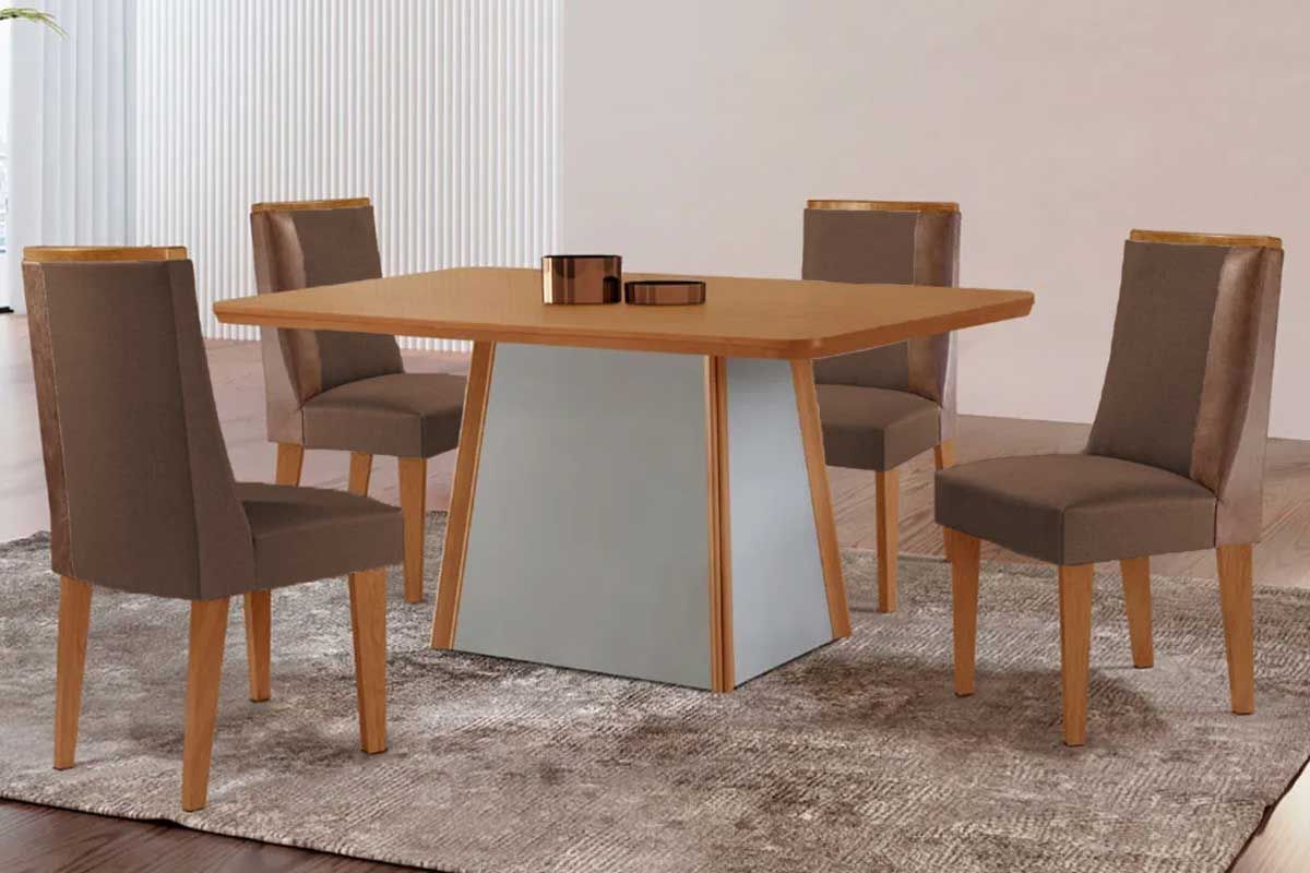 Sala Jantar Mesa Tilia c/ Tampo Madeirado Canto Curvo 120x80cm e 4 Cadeiras Tilia - Rufato