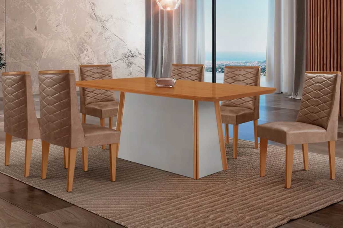 Sala Jantar Mesa Tilia c/ Tampo Madeirado Canto Curvo 180x90cm e 6 Cadeiras Dafne - Rufato