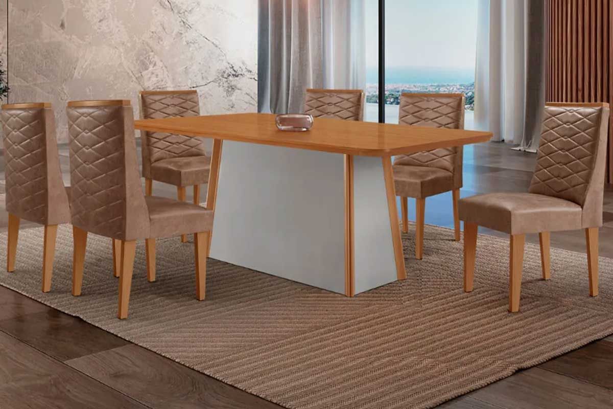 Sala Jantar Mesa Tilia c/ Tampo Madeirado Canto Curvo 180x90cm e 6 Cadeiras Dafne - Rufato