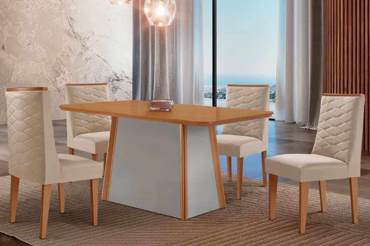 Sala Jantar Mesa Tilia c/ Tampo Madeirado Canto Curvo 120x80cm e 4 Cadeiras Dafne - Rufato