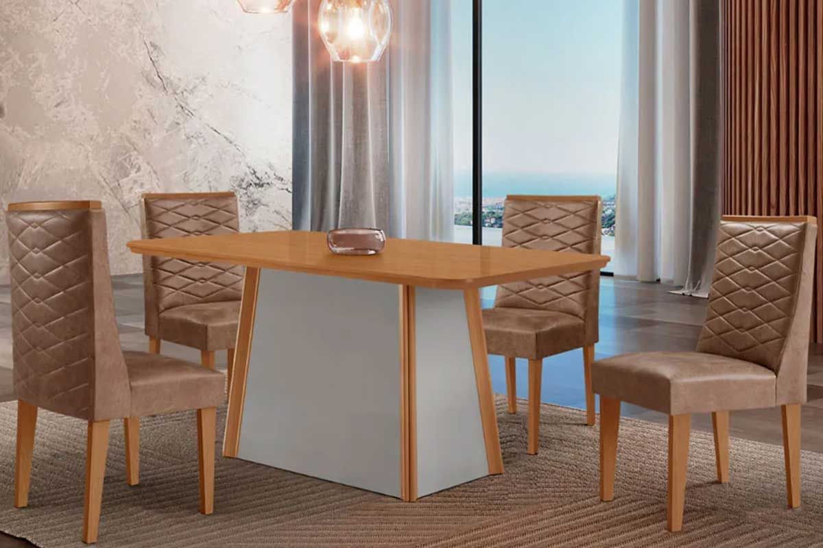 Sala Jantar Mesa Tilia c/ Tampo Madeirado Canto Curvo 120x80cm e 4 Cadeiras Dafne - Rufato