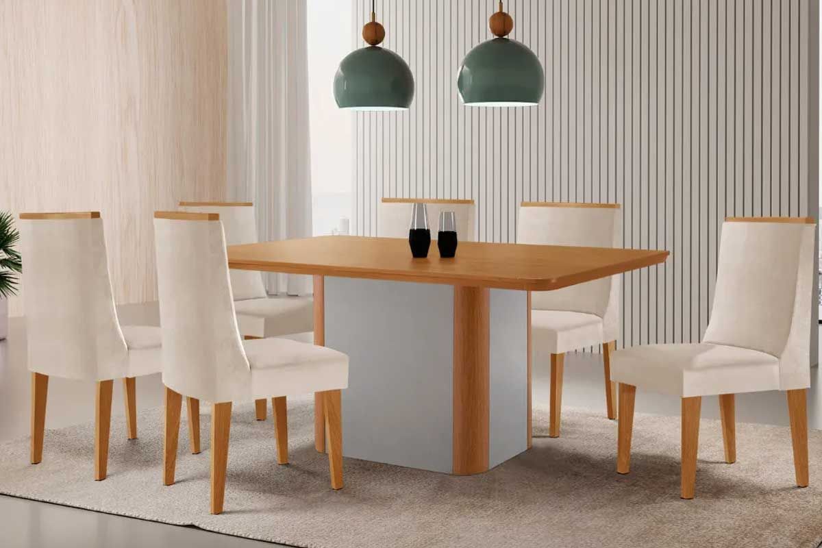 Sala Jantar Mesa Pietá c/ Tampo Madeirado Canto Curvo 180x90cm e 6 Cadeiras Dakota - Rufato