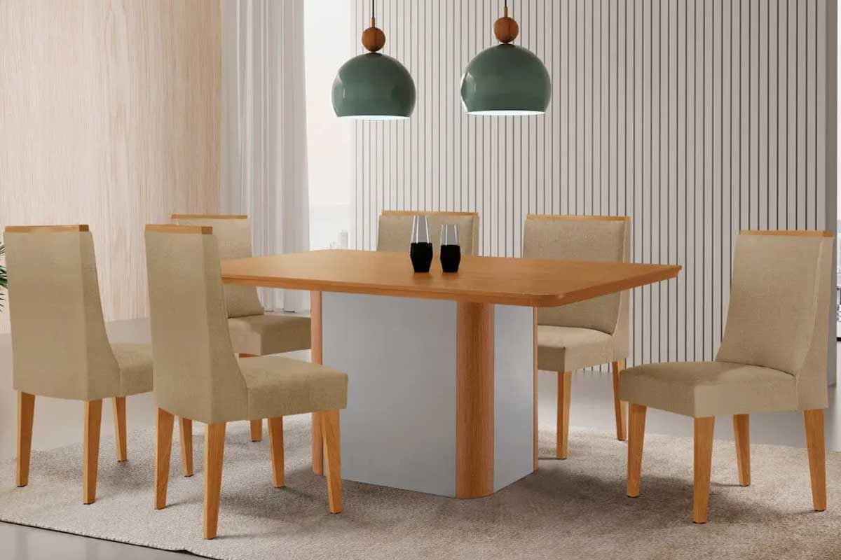 Sala Jantar Mesa Pietá c/ Tampo Madeirado Canto Curvo 180x90cm e 6 Cadeiras Dakota - Rufato