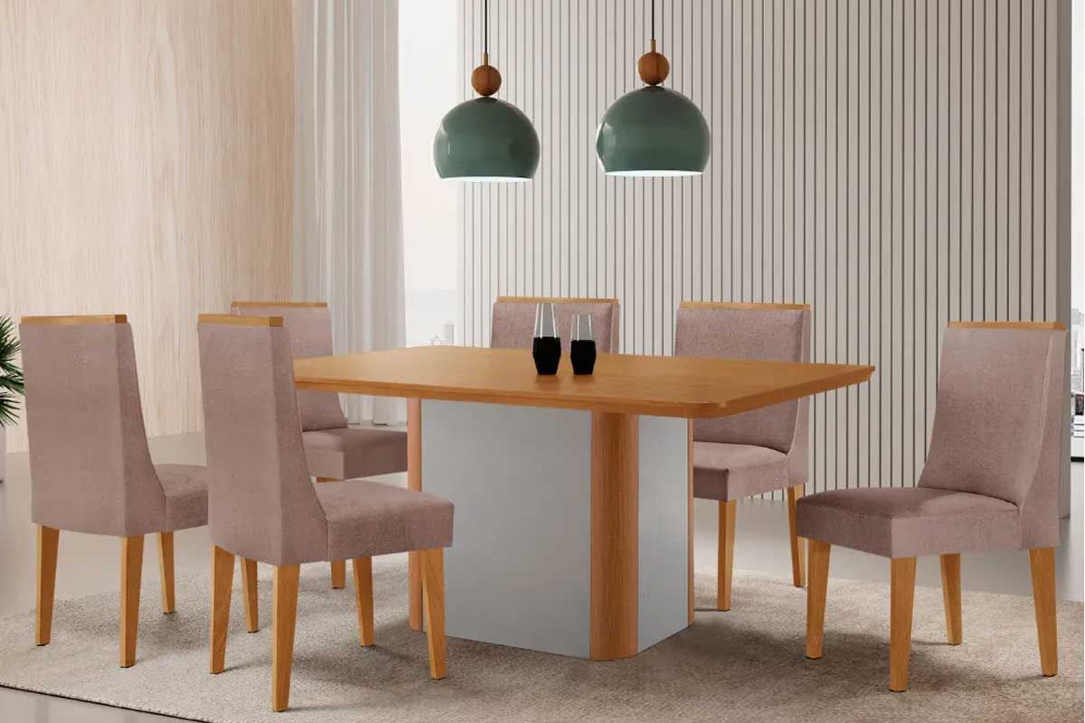 Sala Jantar Mesa Pietá c/ Tampo Madeirado Canto Curvo 180x90cm e 6 Cadeiras Dakota - Rufato