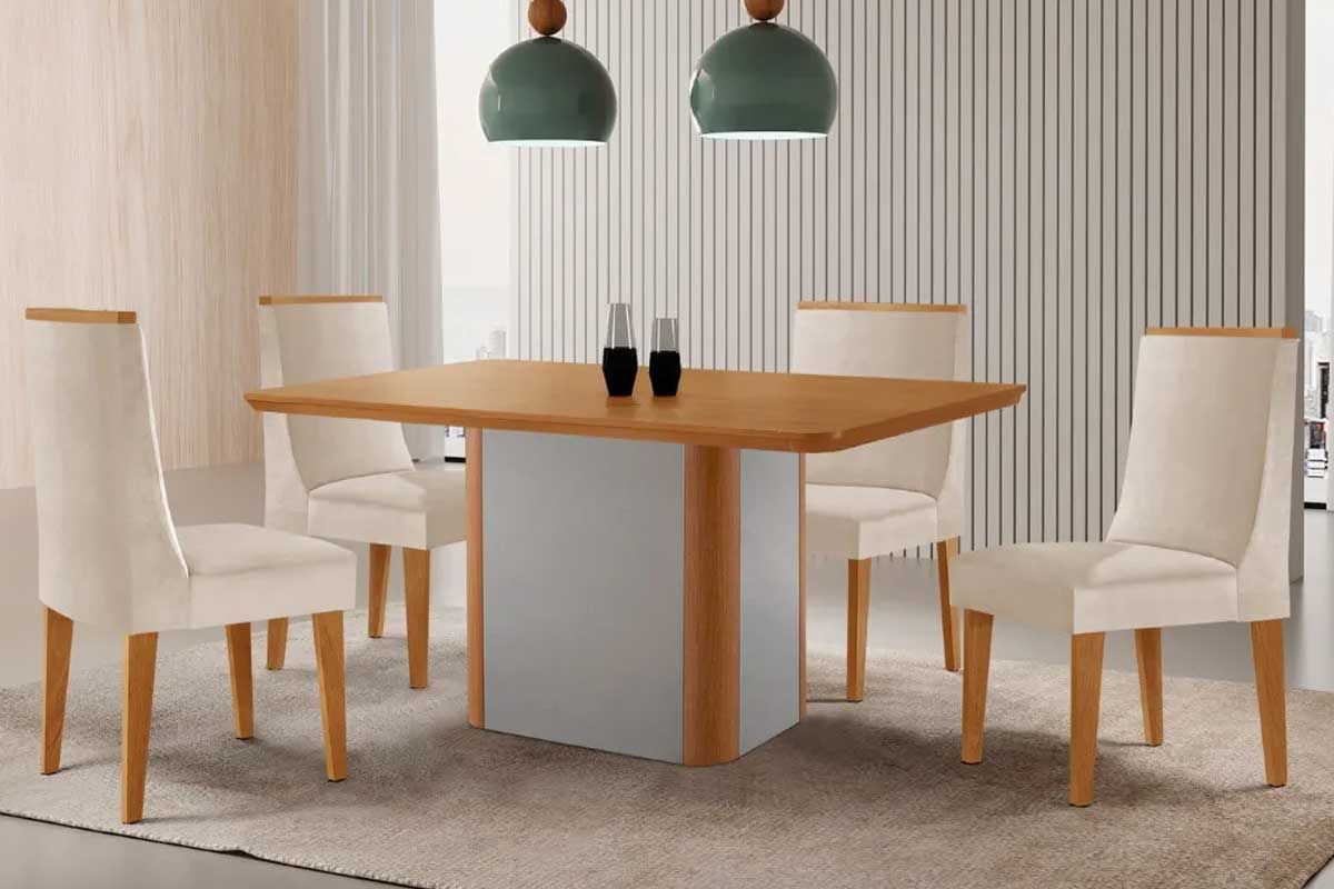 Sala Jantar Mesa Pietá c/ Tampo Madeirado Canto Curvo 120x80cm e 4 Cadeiras Dakota - Rufato