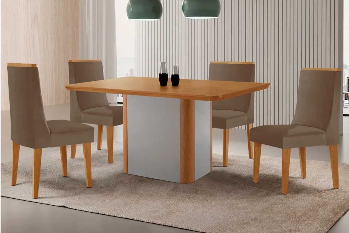 Sala Jantar Mesa Pietá c/ Tampo Madeirado Canto Curvo 120x80cm e 4 Cadeiras Dakota - Rufato