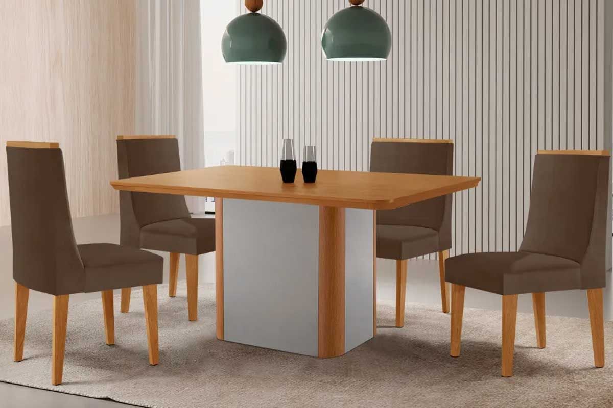 Sala Jantar Mesa Pietá c/ Tampo Madeirado Canto Curvo 120x80cm e 4 Cadeiras Dakota - Rufato