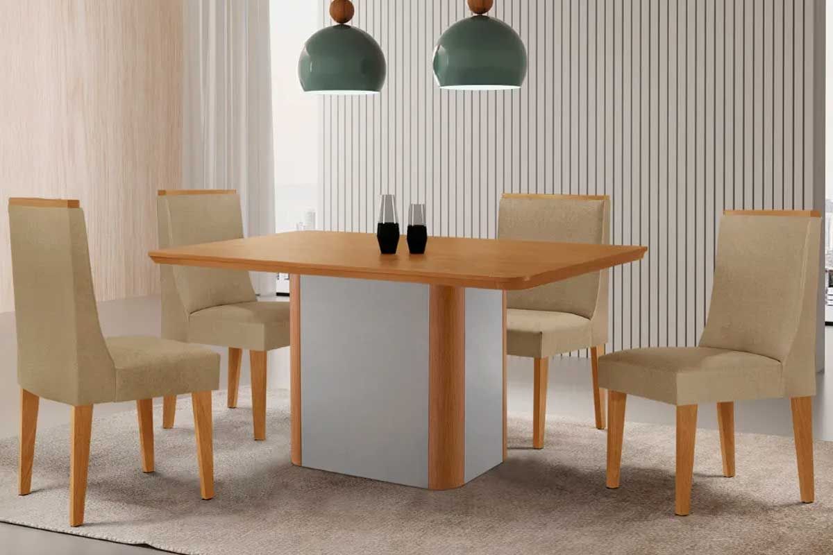 Sala Jantar Mesa Pietá c/ Tampo Madeirado Canto Curvo 120x80cm e 4 Cadeiras Dakota - Rufato