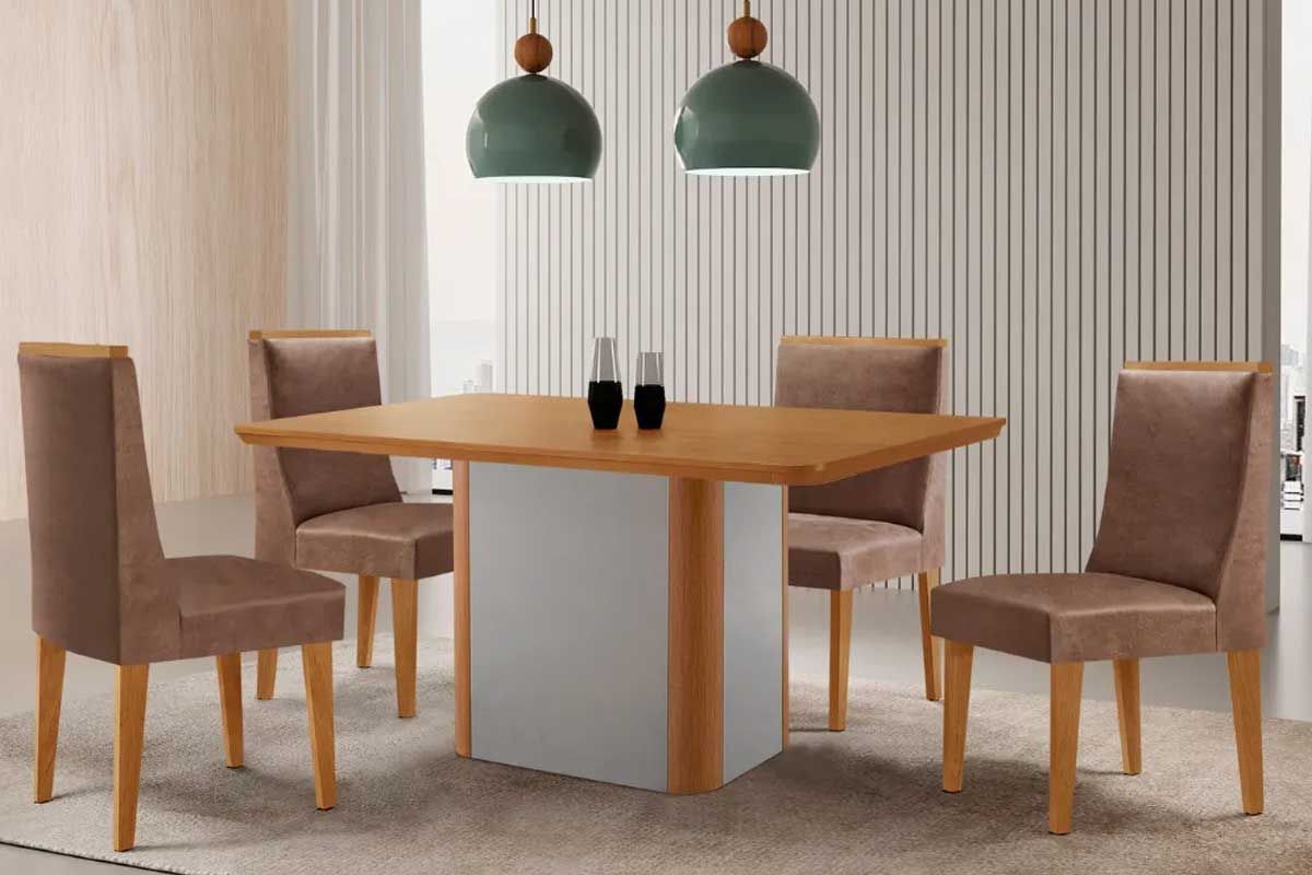 Sala Jantar Mesa Pietá c/ Tampo Madeirado Canto Curvo 120x80cm e 4 Cadeiras Dakota - Rufato