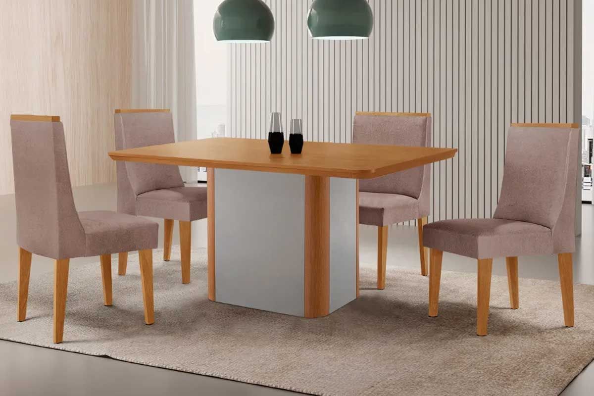 Sala Jantar Mesa Pietá c/ Tampo Madeirado Canto Curvo 120x80cm e 4 Cadeiras Dakota - Rufato