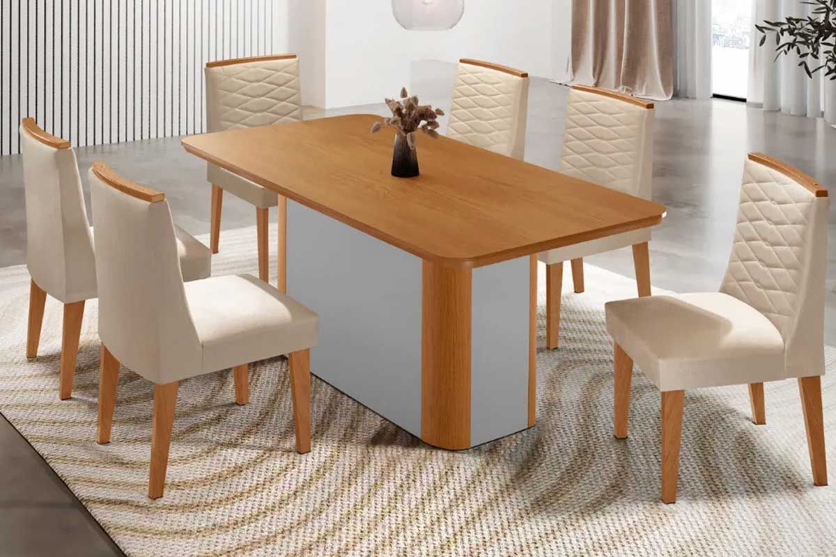 Sala Jantar Mesa Pietá c/ Tampo Madeirado Canto Curvo 180x90cm e 6 Cadeiras Maldivas - Rufato
