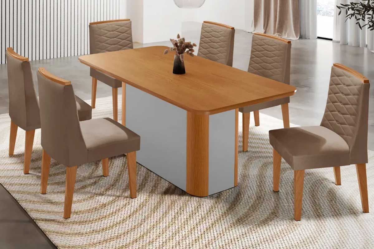 Sala Jantar Mesa Pietá c/ Tampo Madeirado Canto Curvo 180x90cm e 6 Cadeiras Maldivas - Rufato