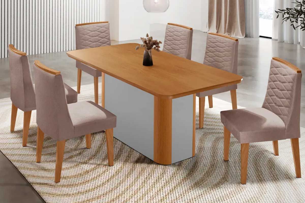 Sala Jantar Mesa Pietá c/ Tampo Madeirado Canto Curvo 180x90cm e 6 Cadeiras Maldivas - Rufato