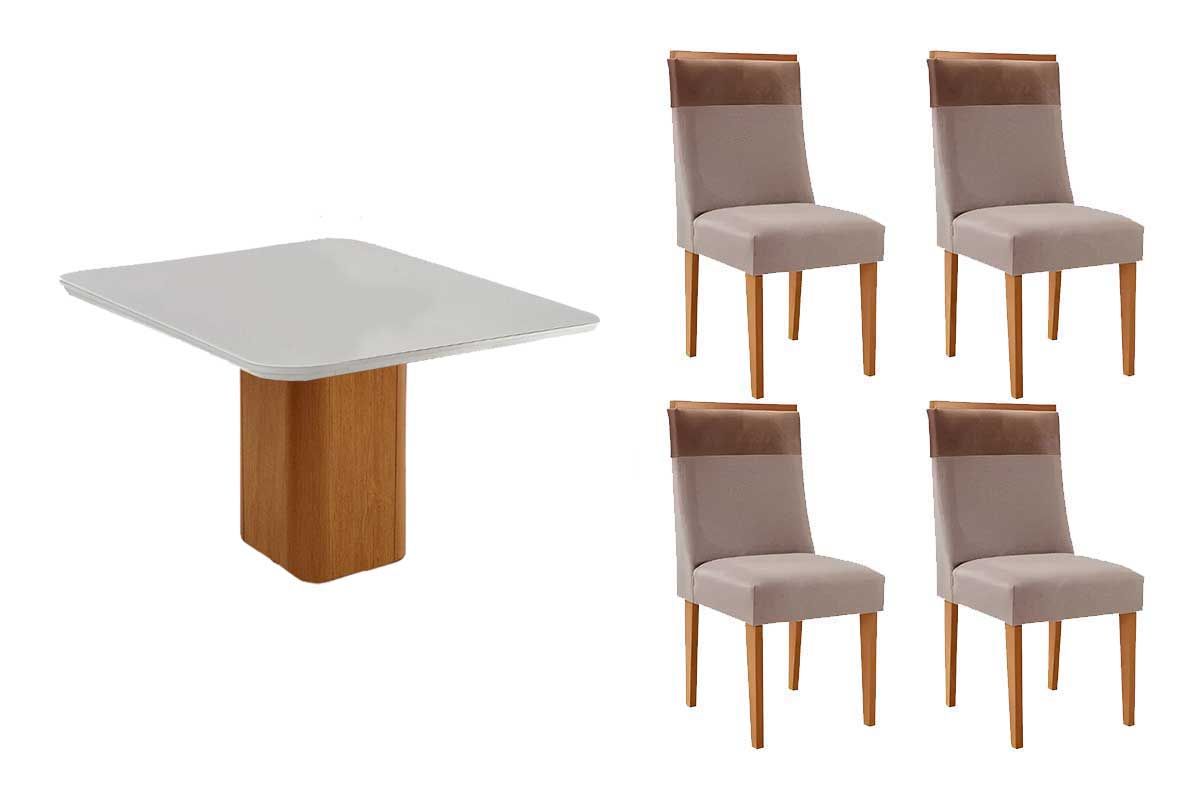Sala Jantar Mesa Maldivas c/ Tampo Madeirado c/ Vidro Canto Curvo 90x90cm e 4 Cadeiras Jaspe - Rufato