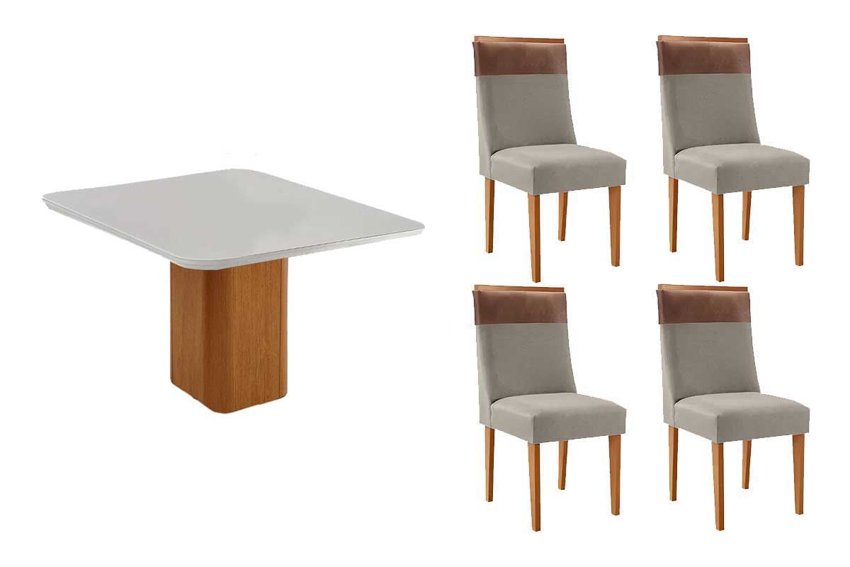 Sala Jantar Mesa Maldivas c/ Tampo Madeirado c/ Vidro Canto Curvo 90x90cm e 4 Cadeiras Jaspe - Rufato