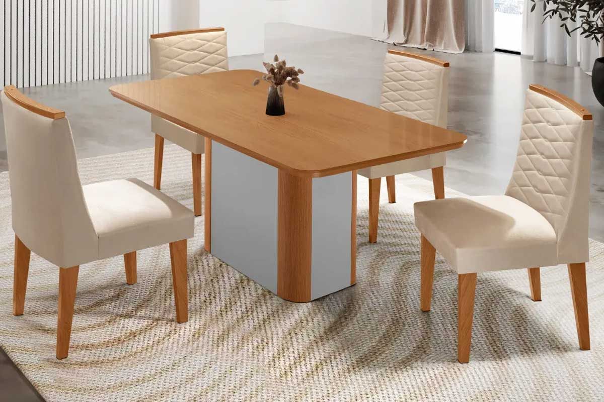 Sala Jantar Mesa Pietá c/ Tampo Madeirado Canto Curvo 120x80cm e 4 Cadeiras Maldivas - Rufato