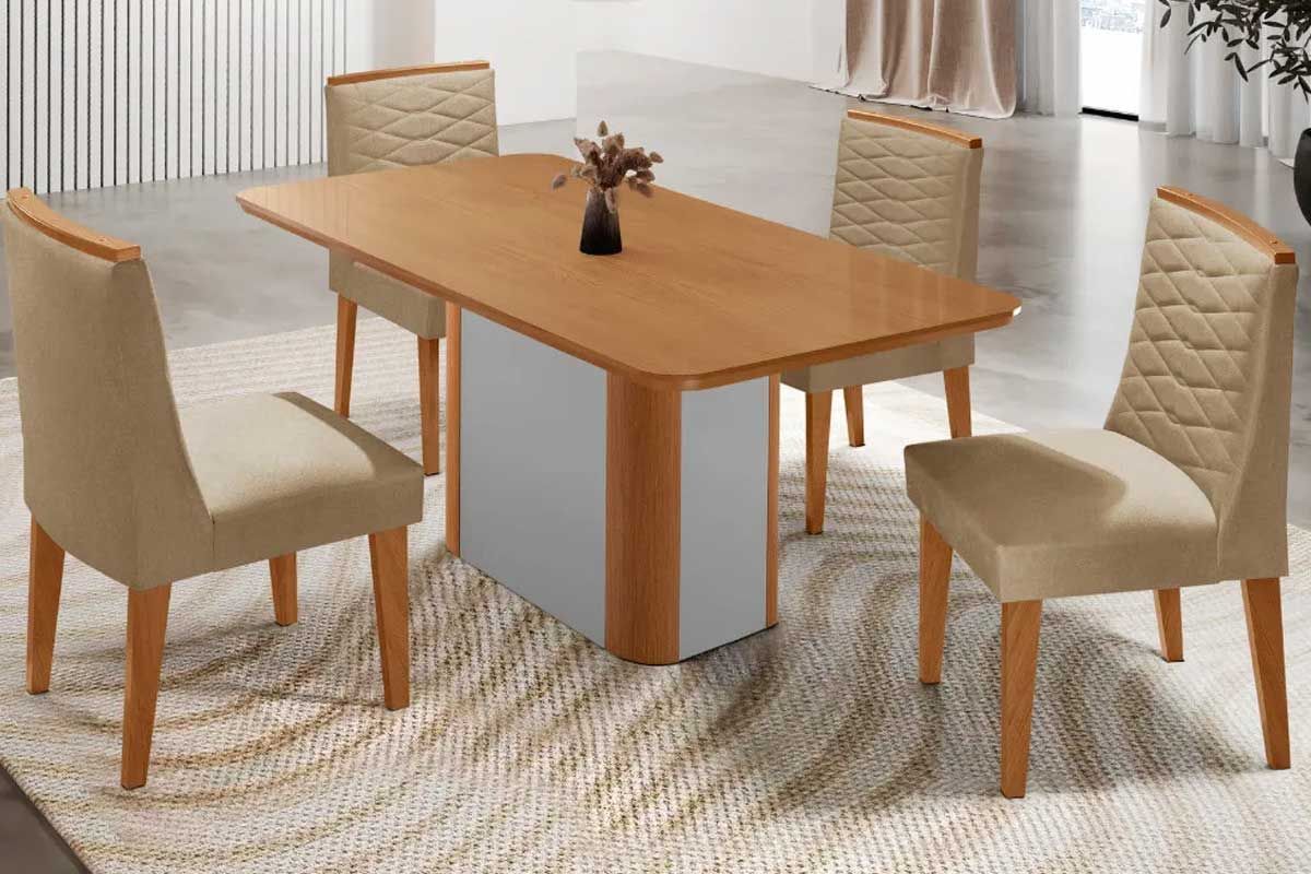 Sala Jantar Mesa Pietá c/ Tampo Madeirado Canto Curvo 120x80cm e 4 Cadeiras Maldivas - Rufato