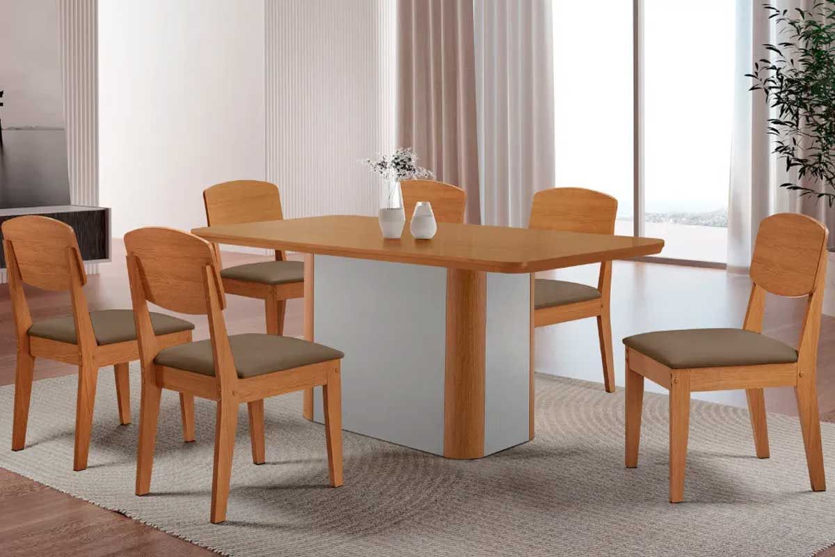 Sala Jantar Mesa Pietá c/ Tampo Madeirado Canto Curvo 180x90cm e 6 Cadeiras Havana - Rufato