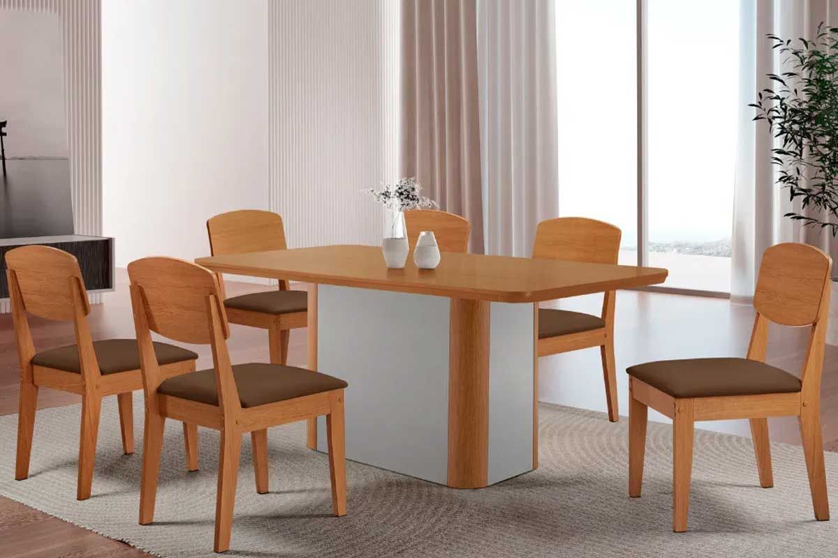 Sala Jantar Mesa Pietá c/ Tampo Madeirado Canto Curvo 180x90cm e 6 Cadeiras Havana - Rufato