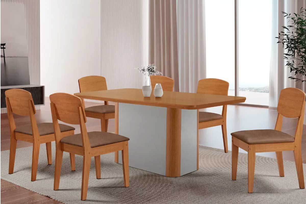 Sala Jantar Mesa Pietá c/ Tampo Madeirado Canto Curvo 180x90cm e 6 Cadeiras Havana - Rufato